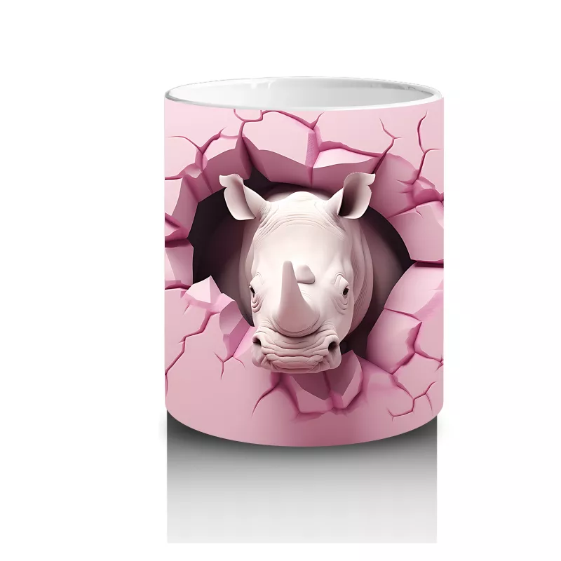 Pembe Çatlak Duvar Arasında Gergedan İllüstrasyonu - Baskılı kahve kupası - 3