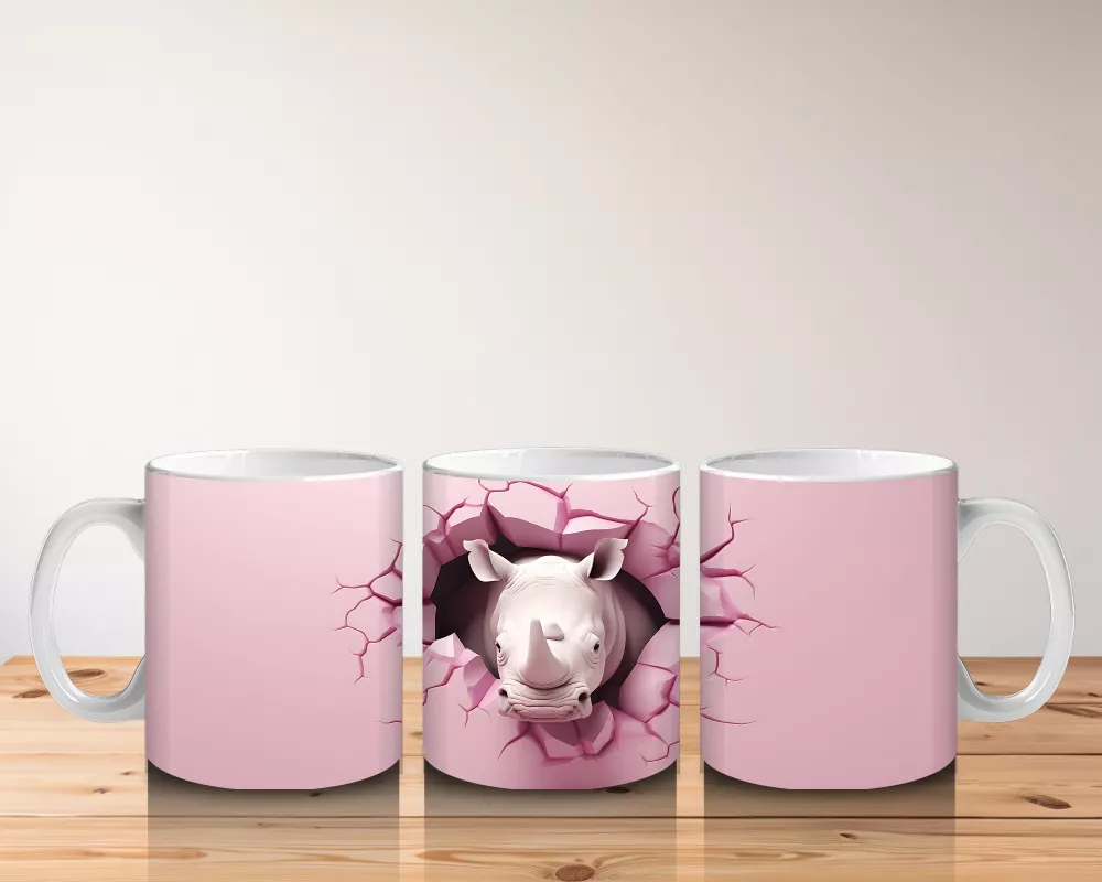 Pembe Çatlak Duvar Arasında Gergedan İllüstrasyonu - Baskılı kahve kupası - 5