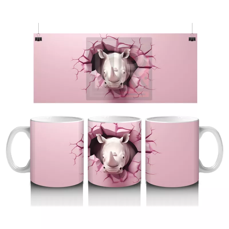 Pembe Çatlak Duvar Arasında Gergedan İllüstrasyonu - Baskılı kahve kupası