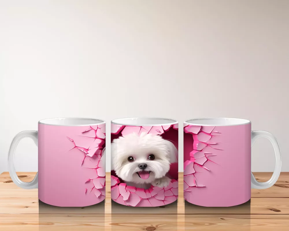 Pembe Çatlak Duvar Arasında Gülümseyen Beyaz Terrier - Baskılı kahve kupası - 5