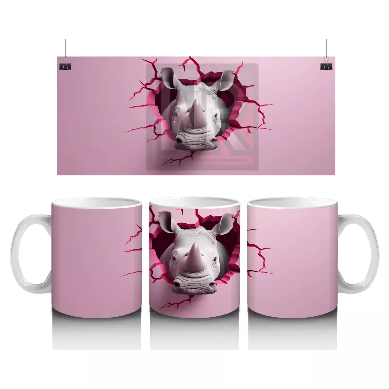 Pembe Çatlak Duvar Arasından Bakan Gergedan – Baskılı Kahve Kupası