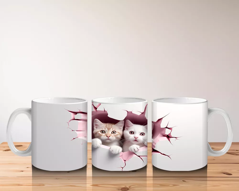 Pembe Çatlak Duvar Arasından Bakan İki Yavru Kedi - Baskılı kahve kupası - 5