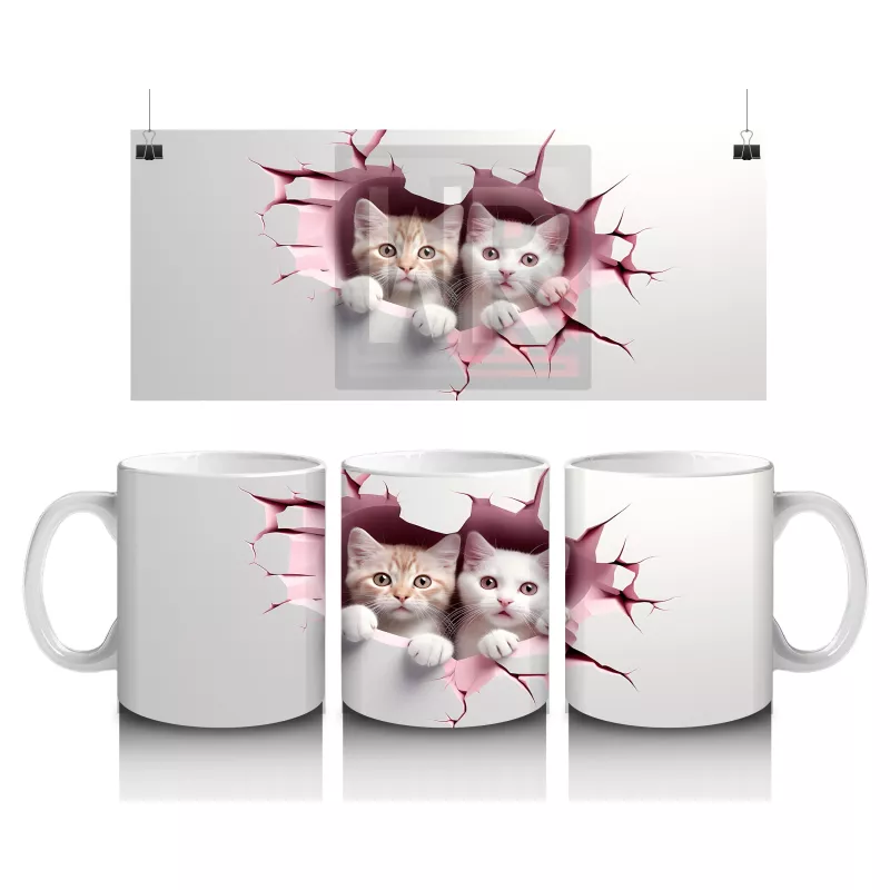 Pembe Çatlak Duvar Arasından Bakan İki Yavru Kedi - Baskılı kahve kupası