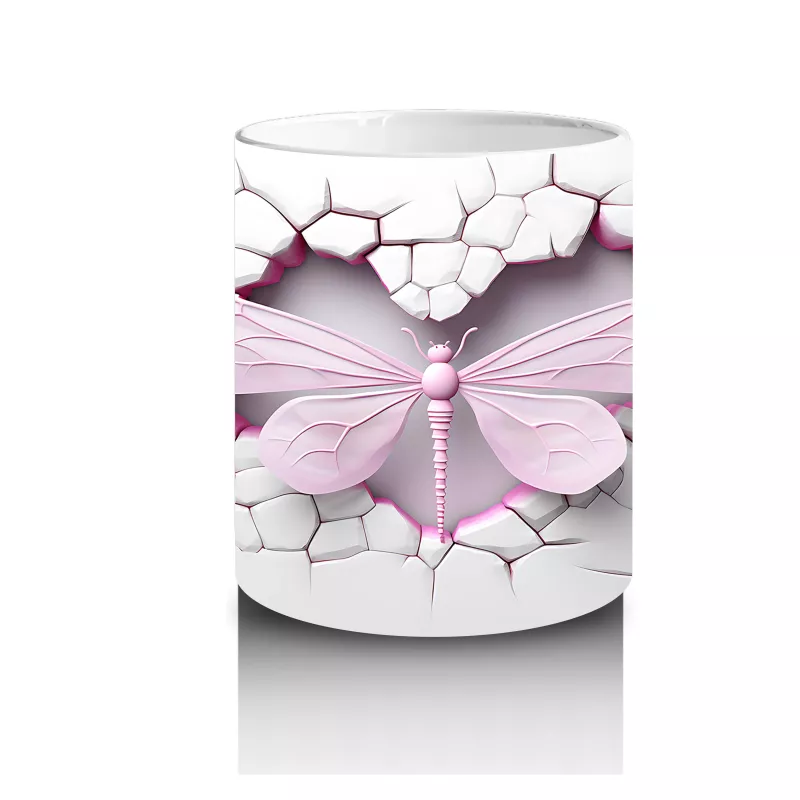 Pembe Çatlak Duvar Üzerinde Uçan Pembe Yusufçuk – Baskılı Kahve Kupası - 3