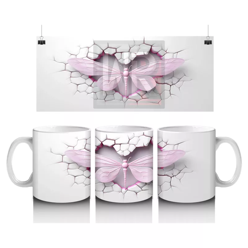 Pembe Çatlak Duvar Üzerinde Uçan Pembe Yusufçuk – Baskılı Kahve Kupası