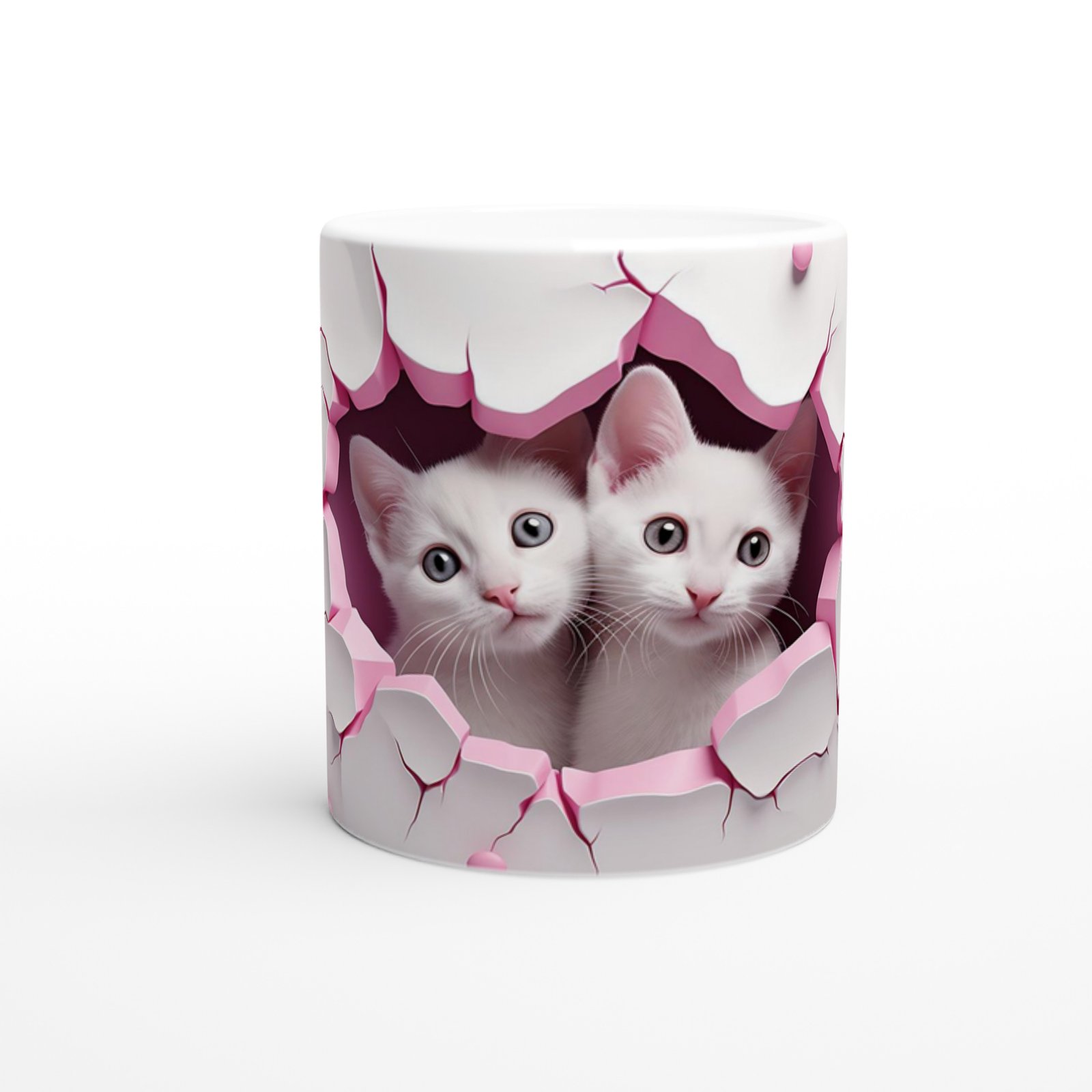 Pembe Çatlak Duvardan Bakan İki Beyaz Kedi Temalı Baskılı Kupa Bardak