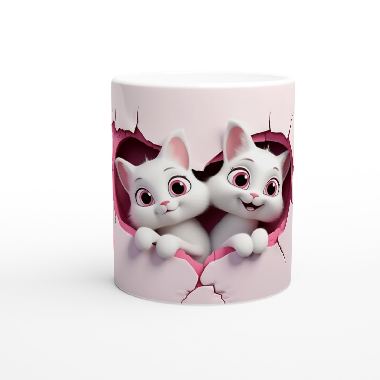 Pembe Çatlak Duvarın İçinden Bakan Neşeli Kediler Temalı Baskılı Kupa Bardak