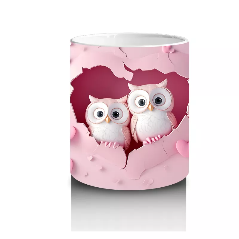 Pembe Çatlak Zeminde Yan Yana Oturan Sevimli Baykuşlar - Baskılı kahve kupası - 3