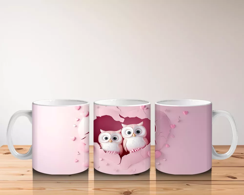 Pembe Çatlak Zeminde Yan Yana Oturan Sevimli Baykuşlar - Baskılı kahve kupası - 5