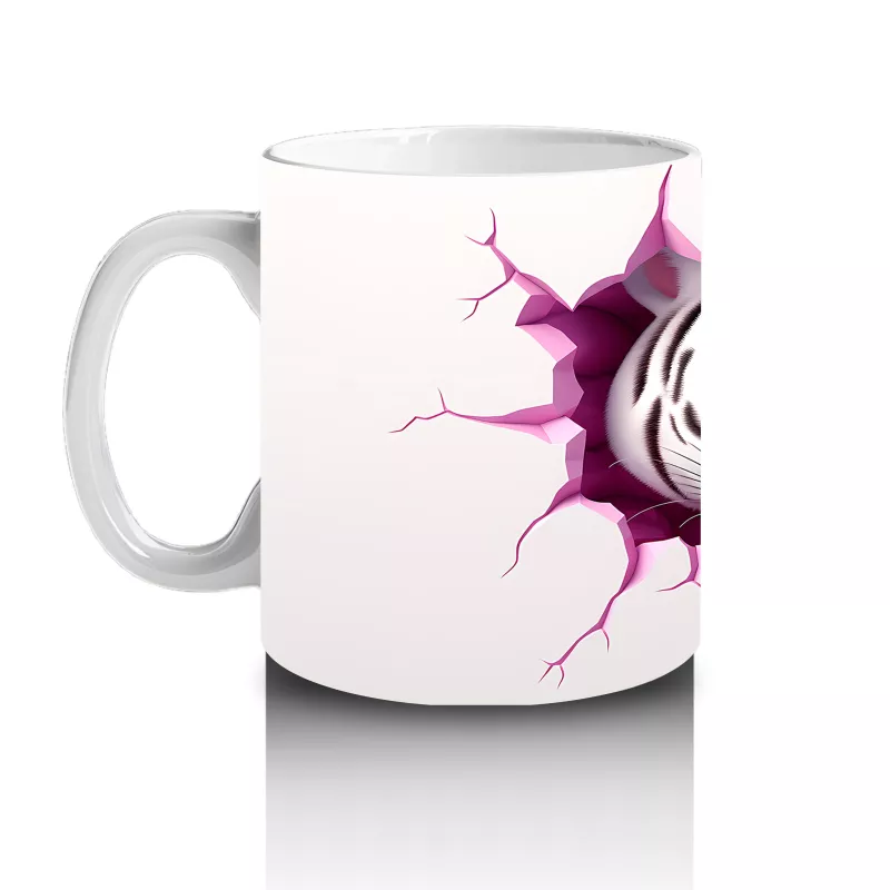 Pembe Çatlak Zeminden Bakan Beyaz Kaplan Figürü - Baskılı kahve kupası - 2