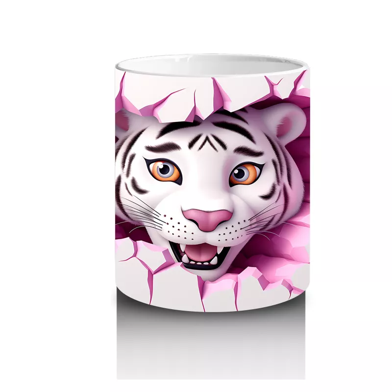 Pembe Çatlak Zeminden Bakan Beyaz Kaplan Figürü - Baskılı kahve kupası - 3