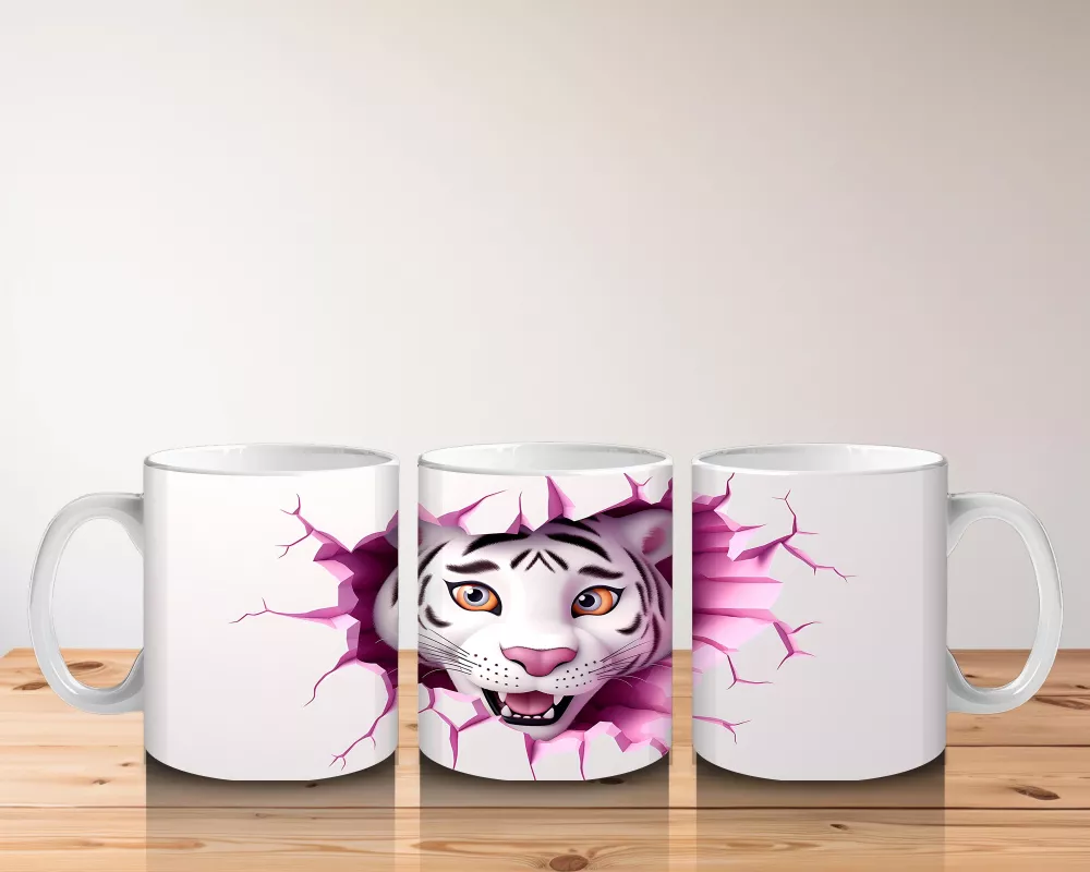 Pembe Çatlak Zeminden Bakan Beyaz Kaplan Figürü - Baskılı kahve kupası - 5