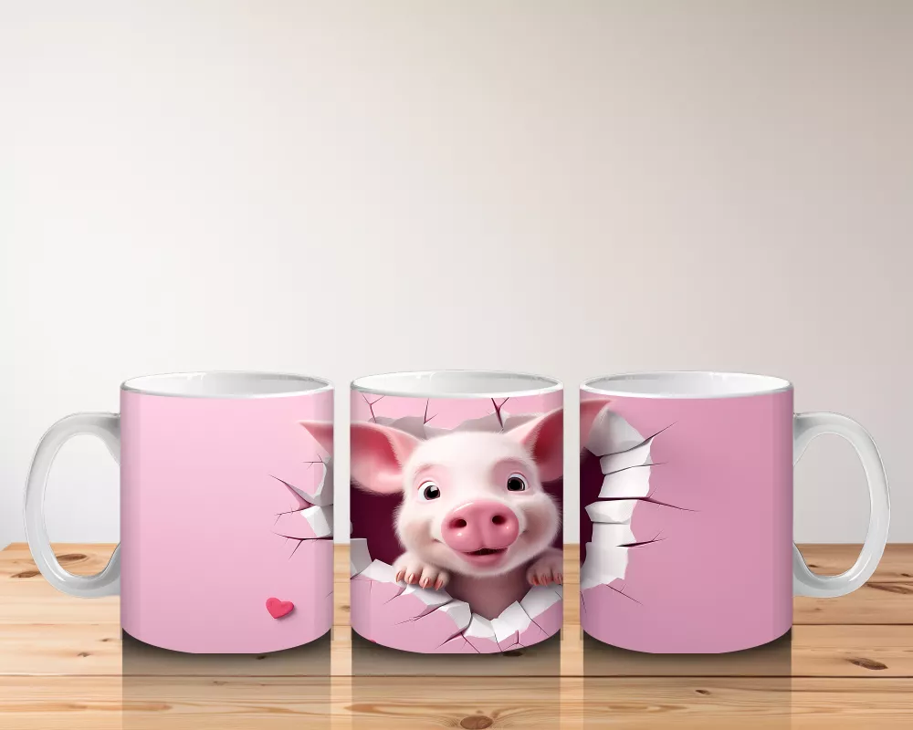 Pembe Çatlak Zeminden Bakan Sevimli Domuzcuk - Baskılı kahve kupası - 5