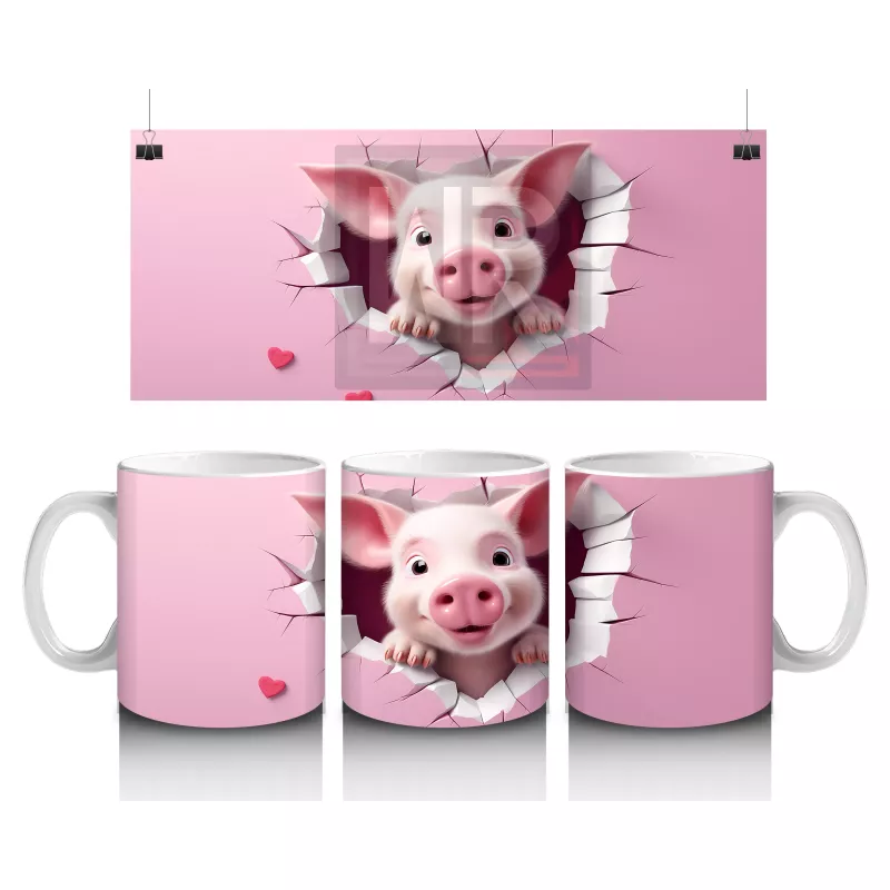 Pembe Çatlak Zeminden Bakan Sevimli Domuzcuk - Baskılı kahve kupası