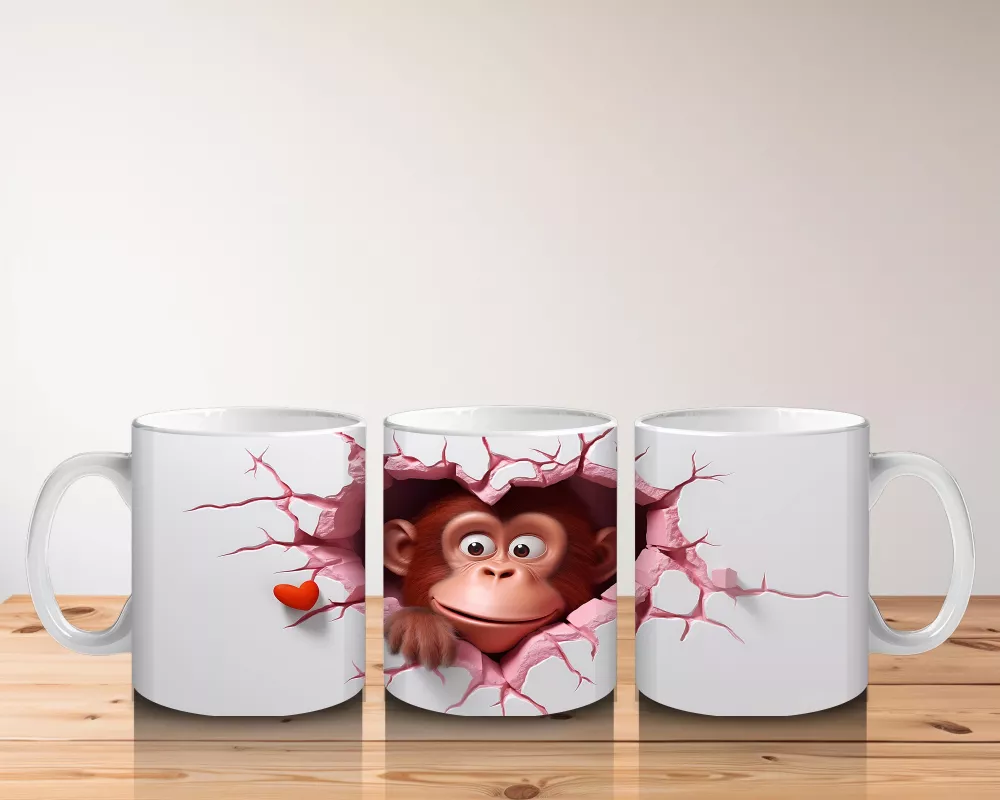 Pembe Çatlak Zeminden Bakan Sevimli Maymun Figürü - Baskılı kahve kupası - 5