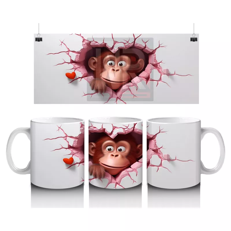 Pembe Çatlak Zeminden Bakan Sevimli Maymun Figürü - Baskılı kahve kupası