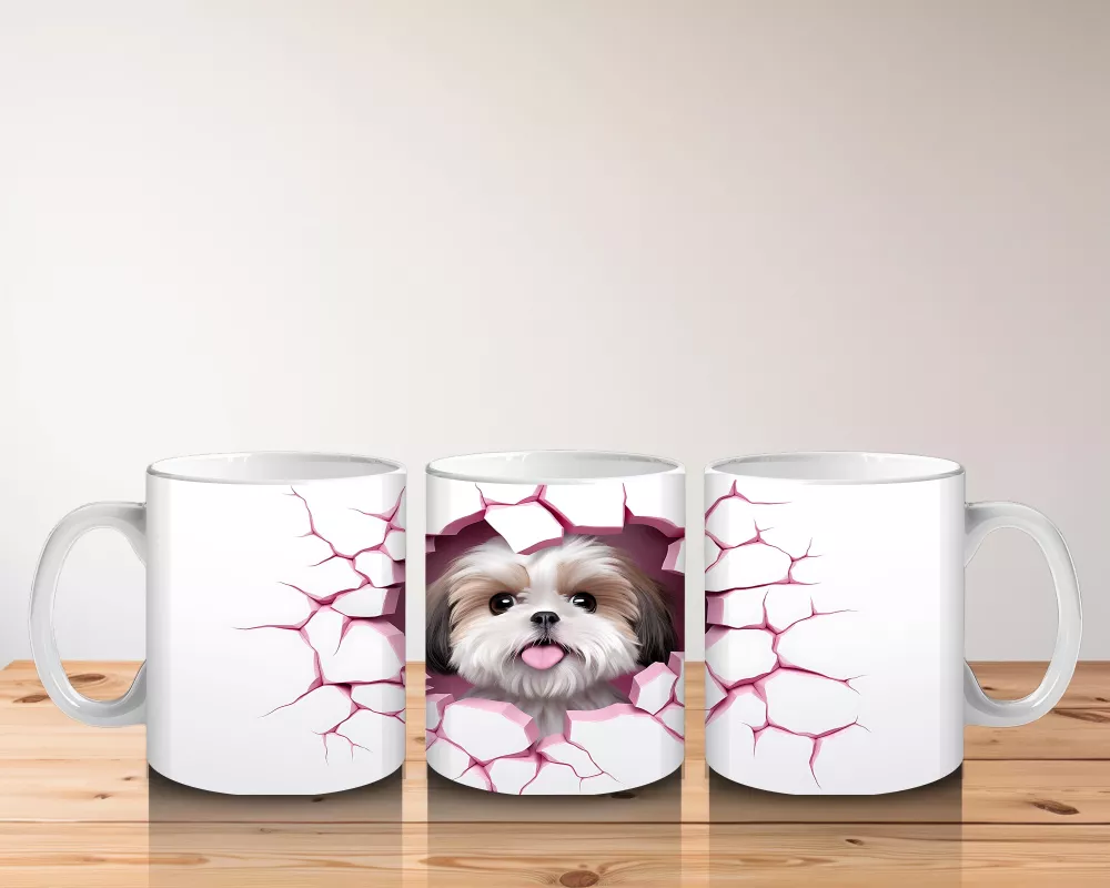 Pembe Çatlak Zeminden Bakan Sevimli Shih Tzu - Baskılı kahve kupası - 5