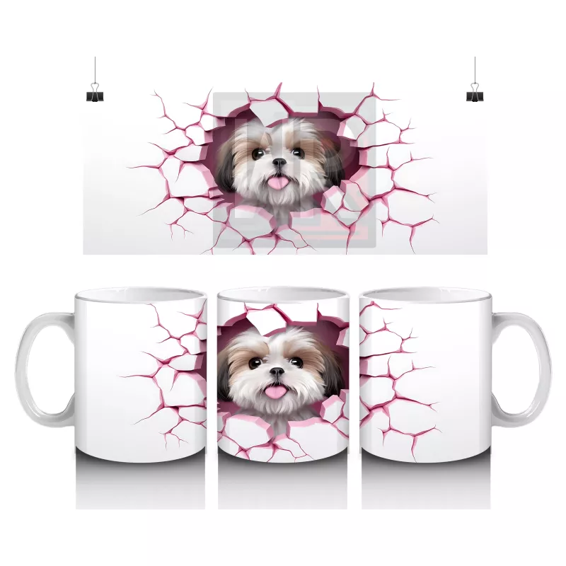 Pembe Çatlak Zeminden Bakan Sevimli Shih Tzu - Baskılı kahve kupası