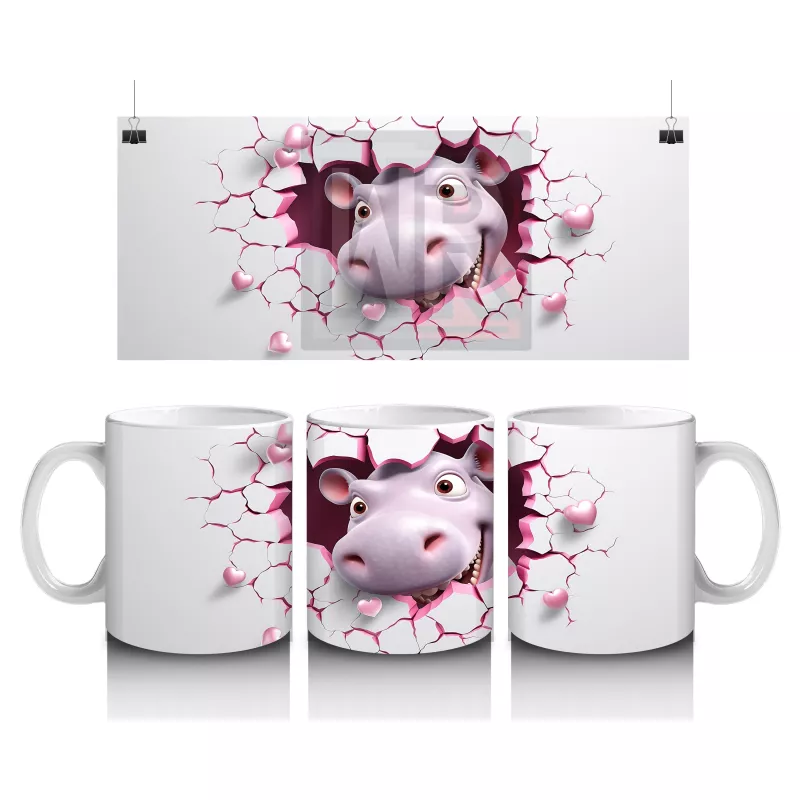 Pembe Çatlak Zeminden Bakan Sevimli Su Aygırı - Baskılı kahve kupası