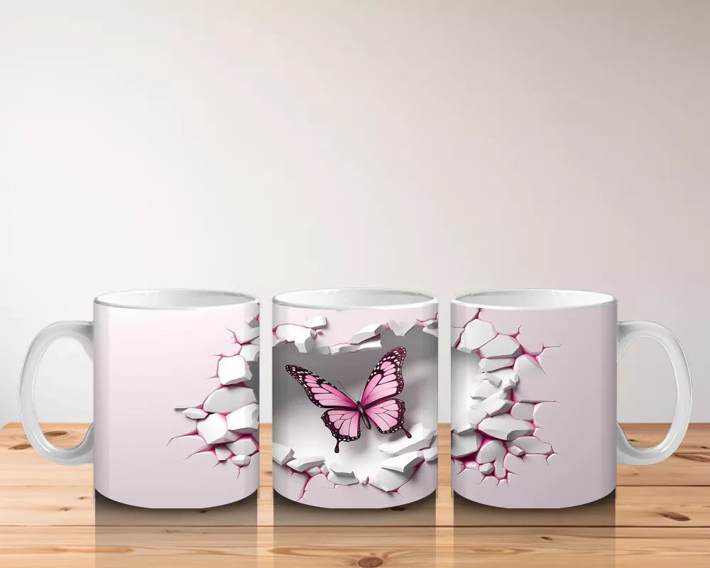 Pembe Çatlaklı Duvar Üzerinde Kelebek – Baskılı Kahve Kupası - 4