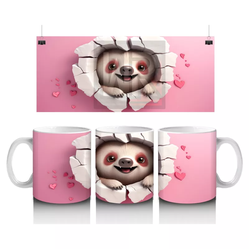 Pembe Çatlakta Gülümseyen Sevimli Tembel Hayvan – Baskılı Kahve Kupası