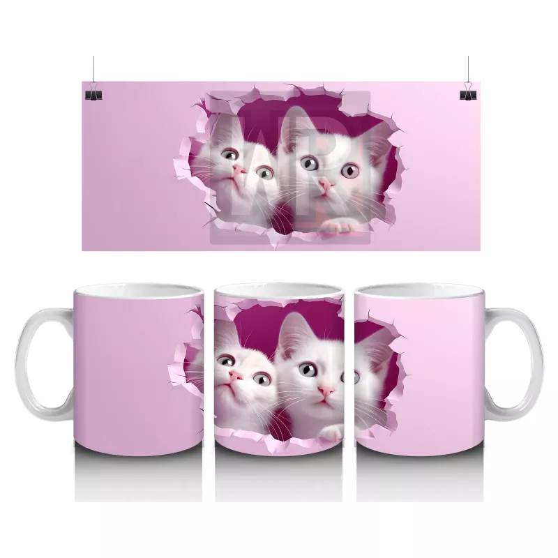 Pembe Çatlakta İkiz Beyaz Kedi Yavruları – Baskılı Kahve Kupası