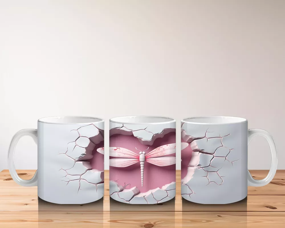 Pembe Çatlakta Simetrik Yusufçuk Deseni – Baskılı Kahve Kupası - 5