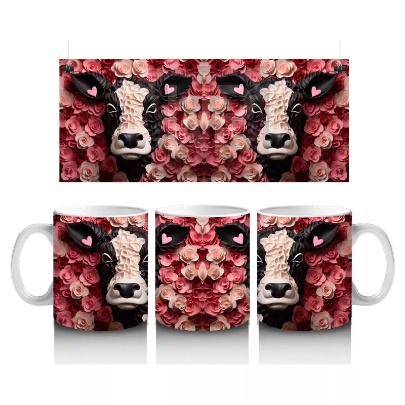 Pembe Çiçek Bahçesinde Bakan Siyah Beyaz İnek – Baskılı Kahve Kupası