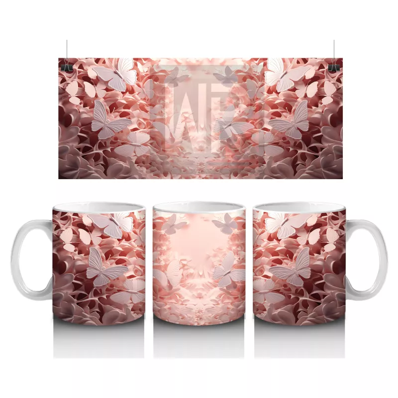 Pembe Çiçek Bahçesinde Parıldayan Kelebek – Baskılı Kahve Kupası