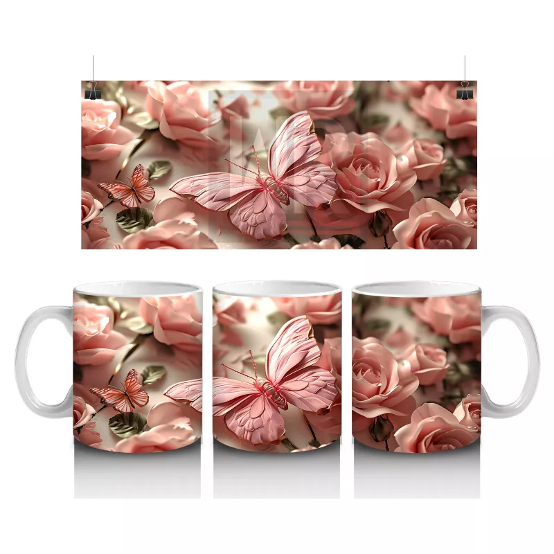 Pembe Çiçek Bahçesinde Zarif Kelebek - Baskılı Kahve Kupası