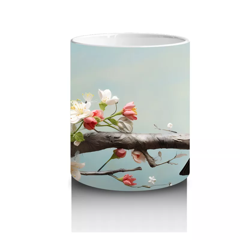 Pembe Çiçek Dalında Oturan Nar Bülbülü – Baskılı Kahve Kupası - 3