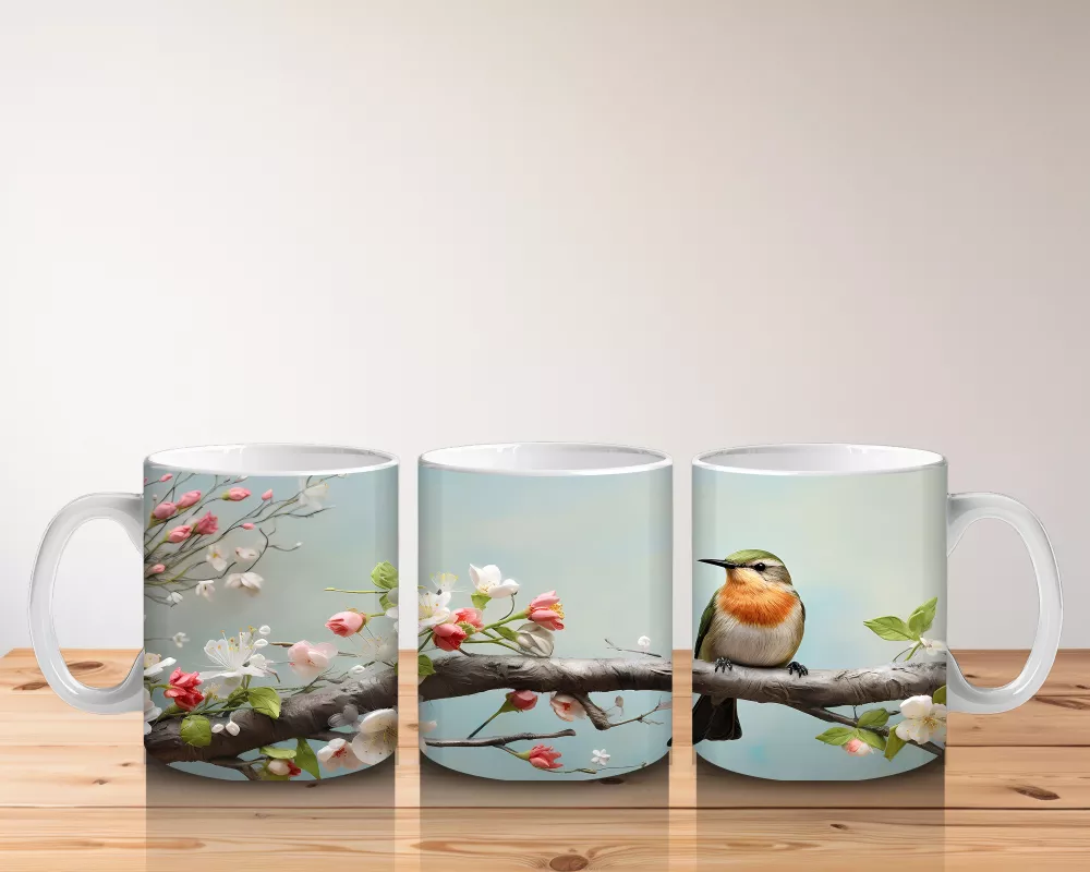Pembe Çiçek Dalında Oturan Nar Bülbülü – Baskılı Kahve Kupası - 5