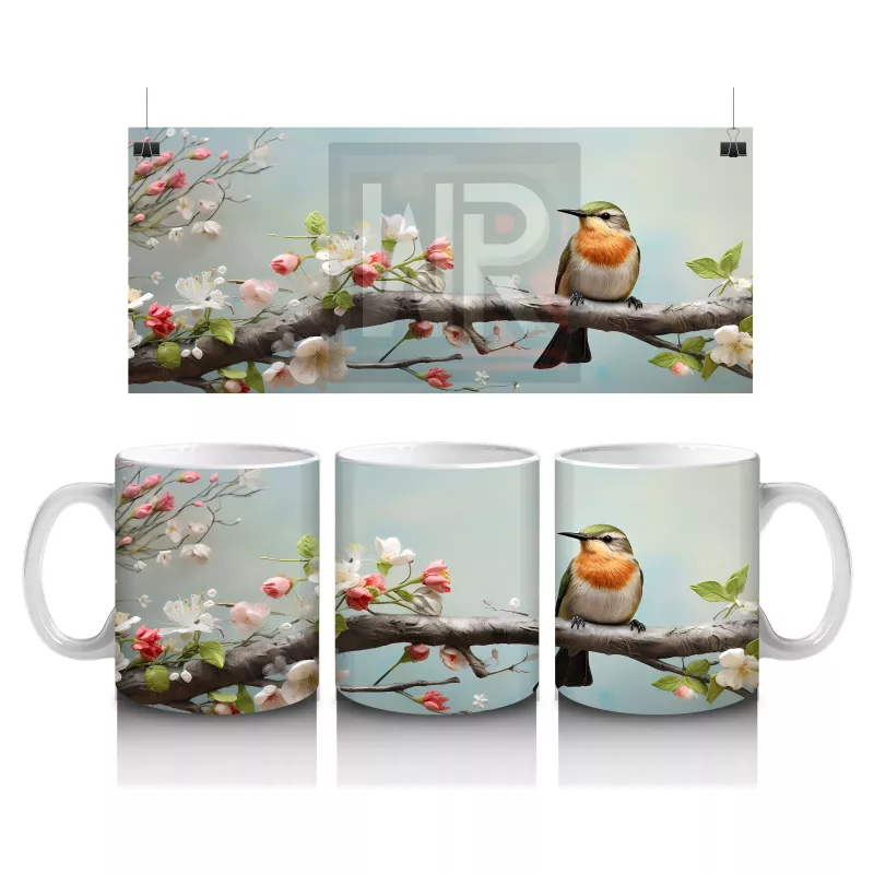 Pembe Çiçek Dalında Oturan Nar Bülbülü – Baskılı Kahve Kupası