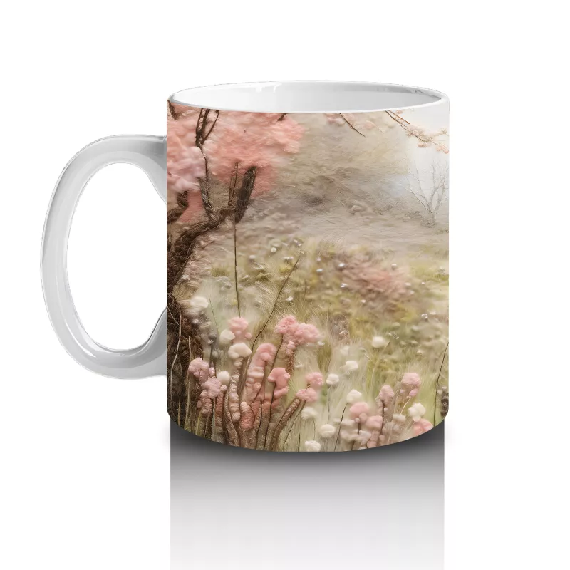 Pembe Çiçekler Arasında Bahar Manzarasında At Silueti - Baskılı kahve kupası - 2