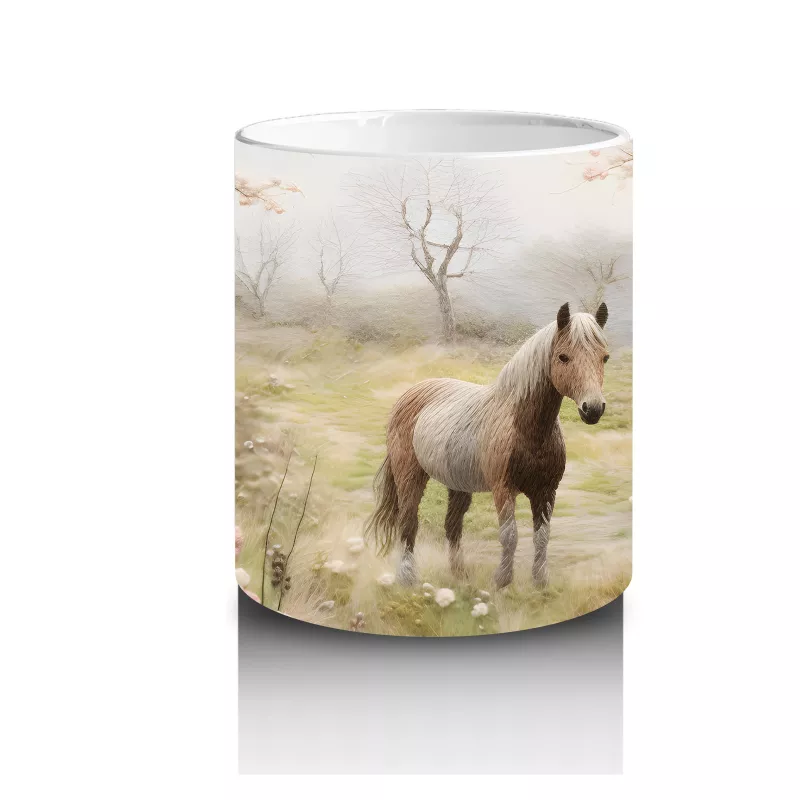 Pembe Çiçekler Arasında Bahar Manzarasında At Silueti - Baskılı kahve kupası - 3