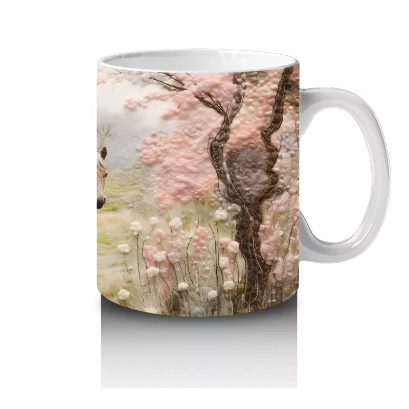 Pembe Çiçekler Arasında Bahar Manzarasında At Silueti - Baskılı kahve kupası - 4