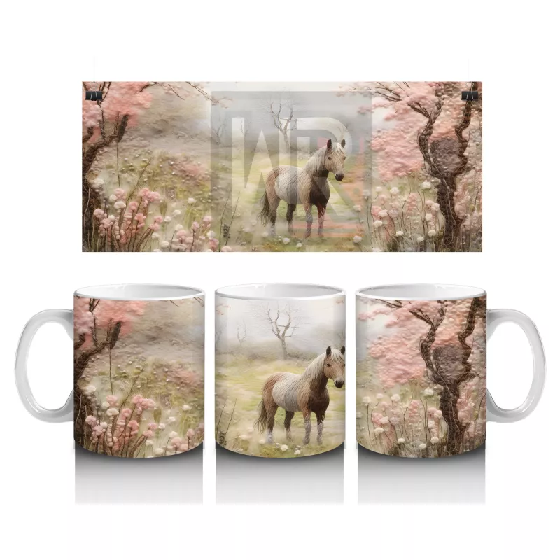 Pembe Çiçekler Arasında Bahar Manzarasında At Silueti - Baskılı kahve kupası