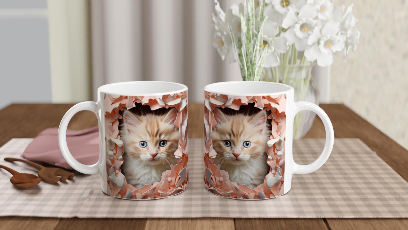 Pembe Çiçekler Arasında Bakan Sarı Yavru Kediler Temalı Baskılı Kupa Bardak - 5