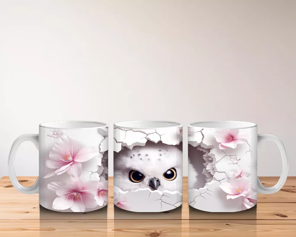 Pembe Çiçekler Arasında Bakan Sevimli Baykuş – Baskılı Kahve Kupası - 5