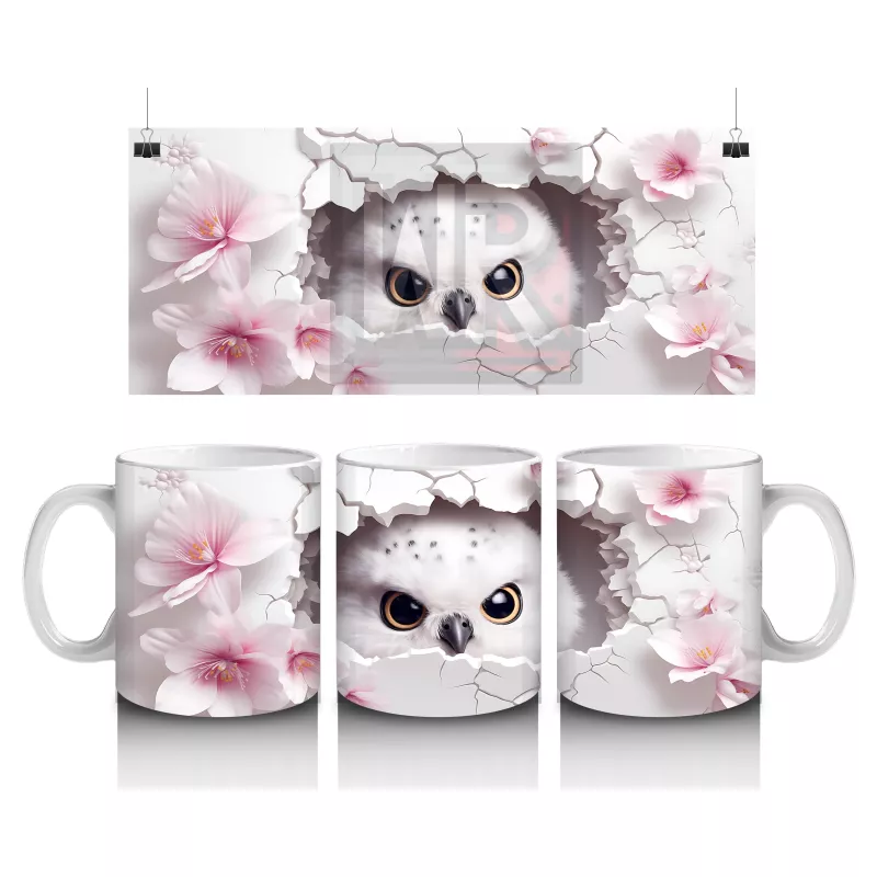 Pembe Çiçekler Arasında Bakan Sevimli Baykuş – Baskılı Kahve Kupası