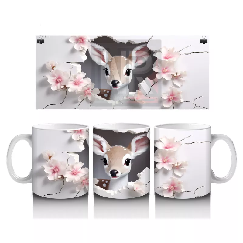 Pembe Çiçekler Arasında Bakan Sevimli Geyik – Baskılı Kahve Kupası