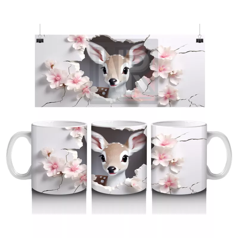 Pembe Çiçekler Arasında Bakan Sevimli Geyik – Baskılı Kahve Kupası