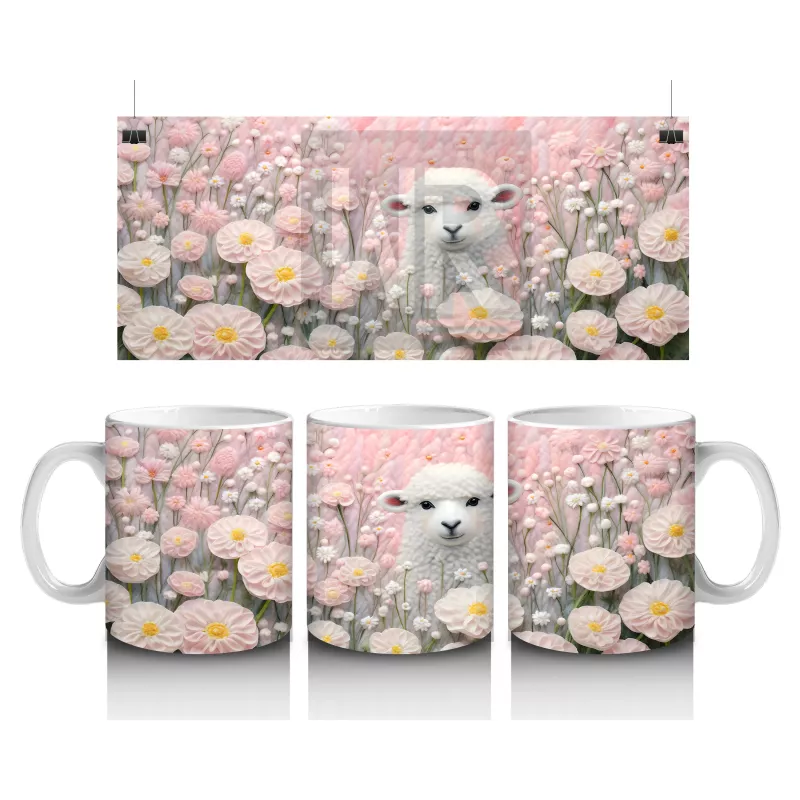 Pembe Çiçekler Arasında Beyaz Kuzucuk – Bahar Temalı Kupa Bardak