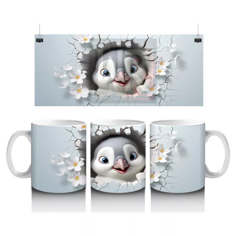 Pembe Çiçekler Arasında Gülümseyen Penguen – Baskılı Kahve Kupası