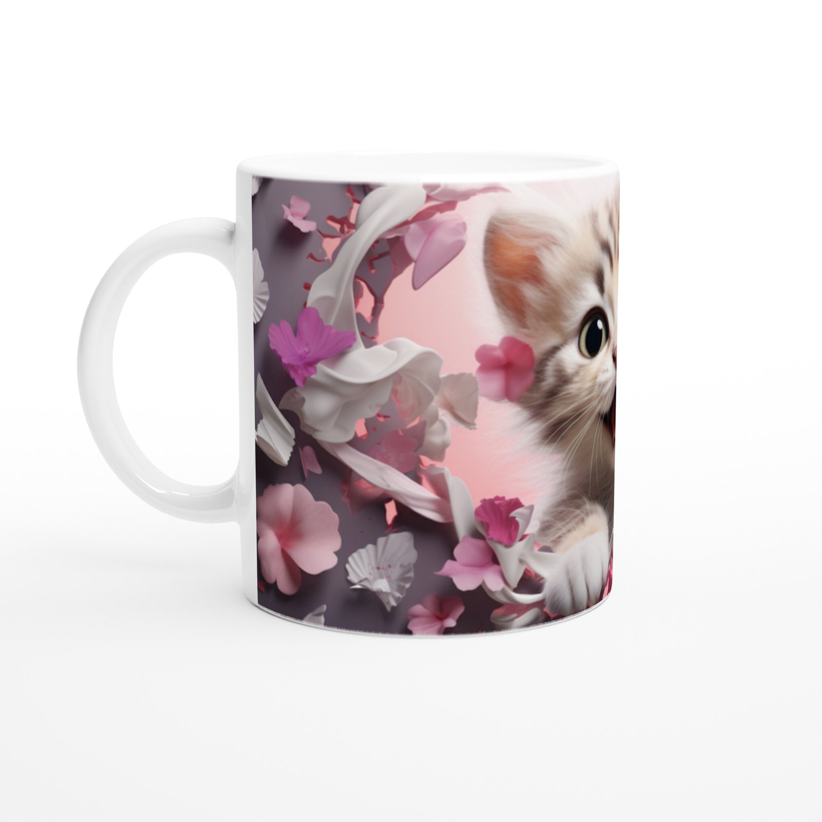 Pembe Çiçekler Arasında Neşeyle Bakan Yavru Kedi Baskılı Kupa Bardak - 2