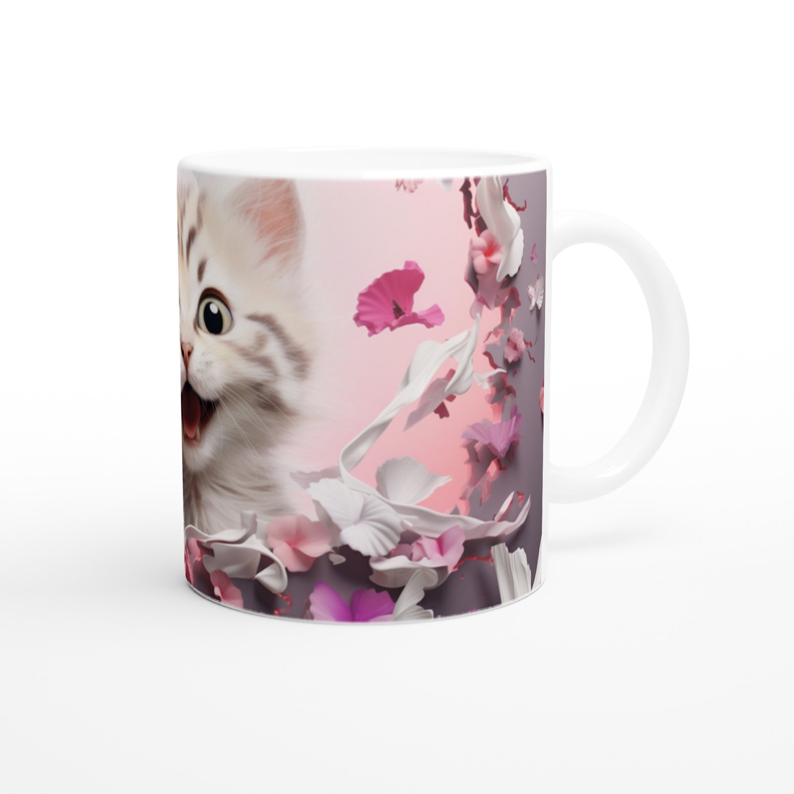 Pembe Çiçekler Arasında Neşeyle Bakan Yavru Kedi Baskılı Kupa Bardak - 3