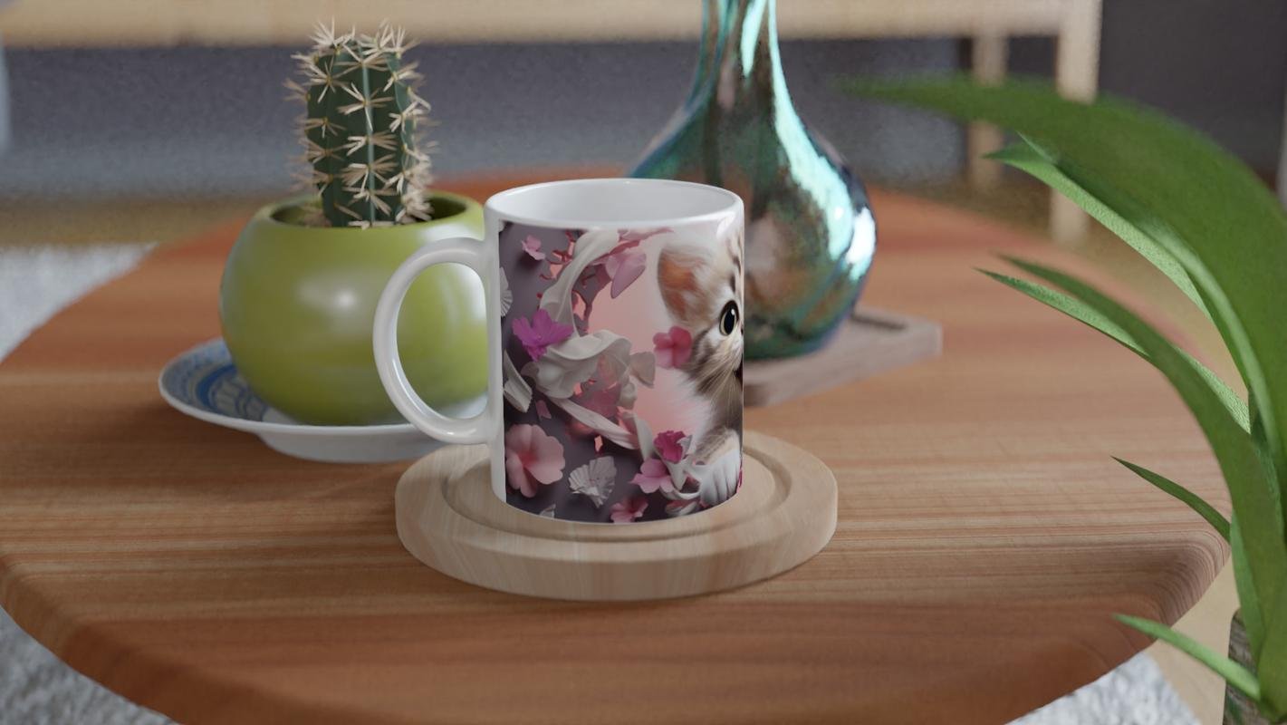 Pembe Çiçekler Arasında Neşeyle Bakan Yavru Kedi Baskılı Kupa Bardak - 4