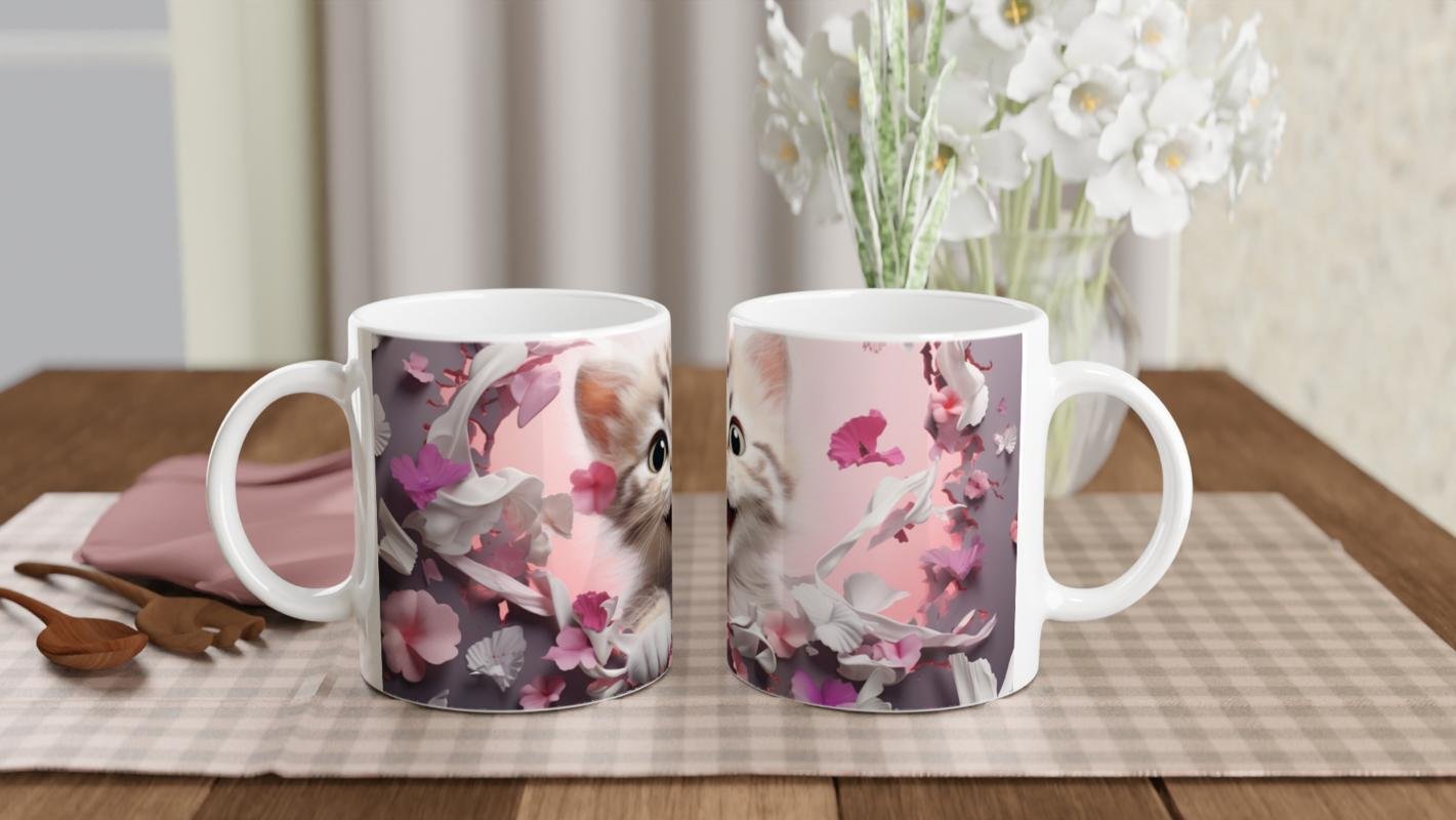 Pembe Çiçekler Arasında Neşeyle Bakan Yavru Kedi Baskılı Kupa Bardak - 5