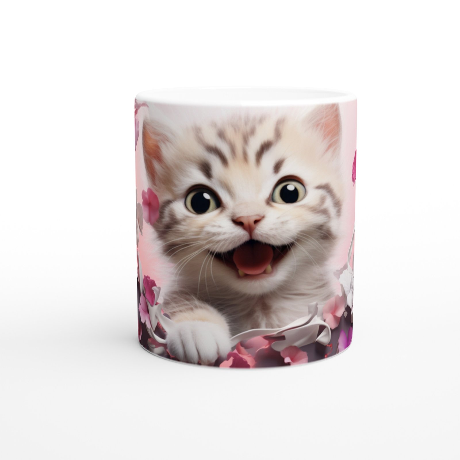 Pembe Çiçekler Arasında Neşeyle Bakan Yavru Kedi Baskılı Kupa Bardak