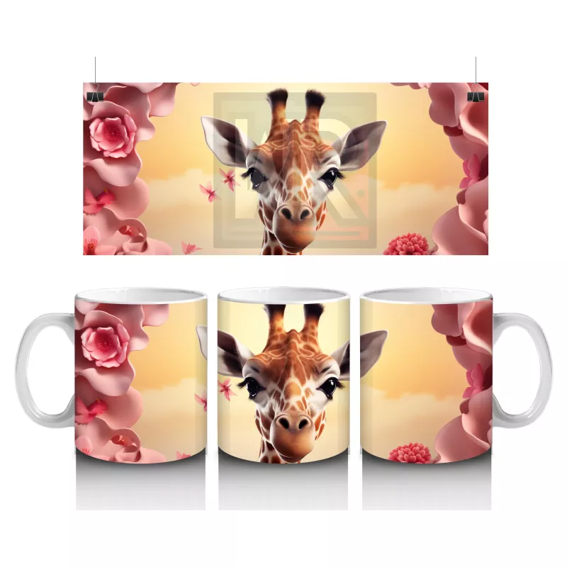 Pembe Çiçekler Arasında Sevimli Zürafa - Baskılı Kahve Kupası